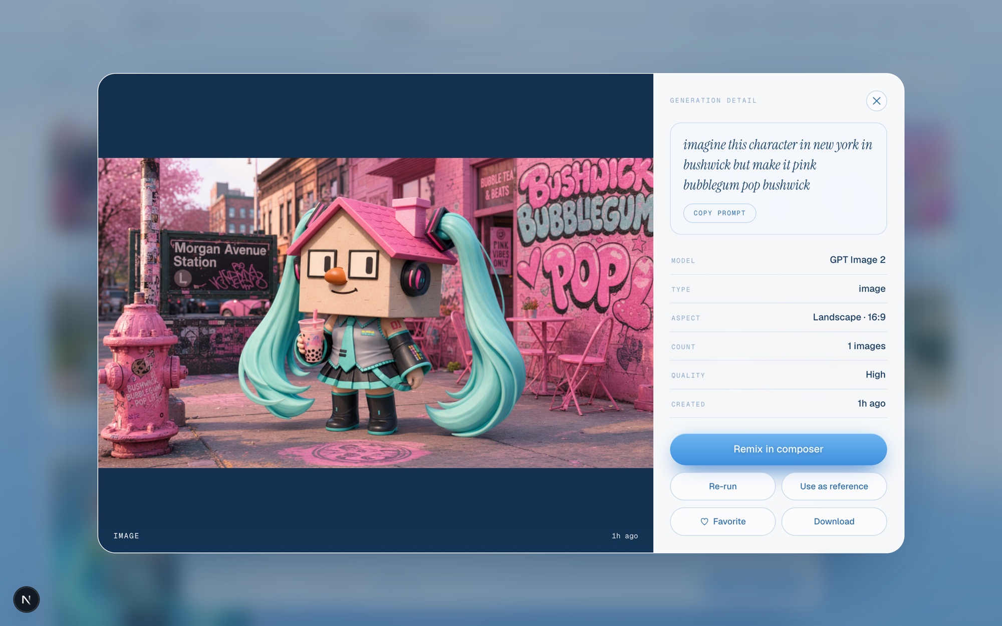 One generated image opened to show its settings